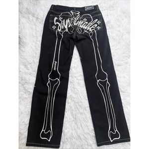 Vintage Skeleton Embroidered Jeans Mens Medium SUPERMADE Black 32x30 90's Y2K